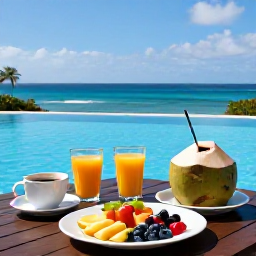 Caribbean Holidays, May Wellness, A healthy Caribbean breakfast beside a hotel pool in Saint Kitts, featuring fresh tropical fruit, coconut water and a sea view