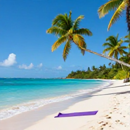 Caribbean Holidays, May Wellness, A peaceful tropical beach on Saint Kitts in May, with calm turquoise water, soft sand, palm trees and a yoga mat near the shoreline