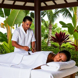 Caribbean Holidays, May Wellness, An elegant open-air spa treatment area in Saint Kitts surrounded by tropical greenery, with a therapist preparing oils and a relaxed guest