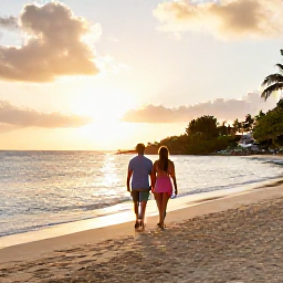 Caribbean Holidays, May Wellness, Couple walking along a quiet Caribbean shoreline in Saint Martin at sunset, warm light and relaxed holiday mood