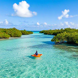 Caribbean Holidays, May Wellness Escape, Kayaker exploring clear turquoise water near Providenciales, Turks and Caicos, surrounded by mangroves and bright Caribbean sky