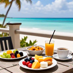 Caribbean Holidays, May Wellness, Healthy Caribbean breakfast with fresh tropical fruit, juice and coffee on a shaded terrace overlooking the sea