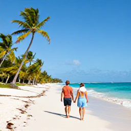 Caribbean Holidays, May Wellness Holidays, Couple walking barefoot along a quiet Caribbean beach in May, palm trees, gentle waves and clear blue sky