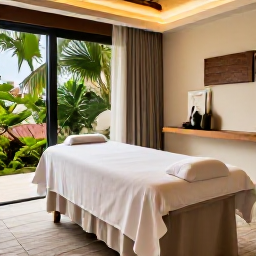 Caribbean Holidays, May Wellness Holidays, Luxury Caribbean spa resort surrounded by tropical greenery, treatment room, natural textures and peaceful modern design