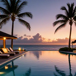 Caribbean Holidays, May Wellness Holidays, Peaceful Caribbean resort at sunset in May, softly lit pool, palm trees and tranquil ocean horizon