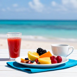Caribbean Holidays, May Wellness Holidays, Traveller enjoying a healthy breakfast of fresh tropical fruit beside a Caribbean sea view, bright relaxed morning setting