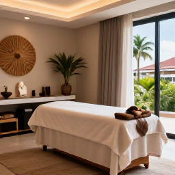 Caribbean Holidays, May Wellness, Relaxing spa treatment in a stylish Caribbean resort on Saint Martin, natural textures, tropical plants and soft daylight