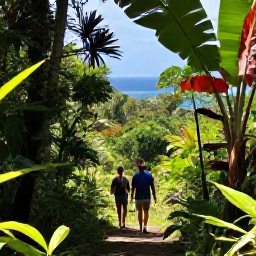 Caribbean Holidays, May Wellness, Travellers walking slowly through lush rainforest on Mount Liamuiga in Saint Kitts, with tropical plants, filtered sunlight and distant sea views