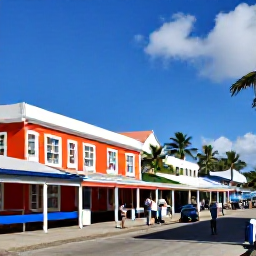 Caribbean Holidays, May Wine Holidays, Caribbean coastal town in May with colourful buildings, a market, palm trees and visitors enjoying relaxed island life