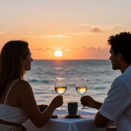 Caribbean Holidays, May Wine Holidays, Couple enjoying a Caribbean sunset after a wine tasting, with glasses on a table, warm light and calm sea