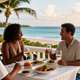 Caribbean Holidays, May Wine Holidays, Friendly wine tasting on a Caribbean terrace, with elegant glasses, local dishes and sea views in warm May sunshine