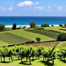 Caribbean Holidays, May Wine Holidays, Sunlit vineyard overlooking the Caribbean Sea in May, with green hills, rows of vines and a relaxed coastal atmosphere