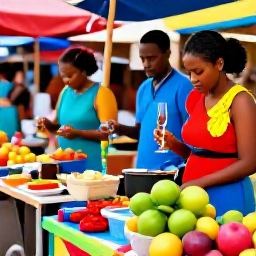 Caribbean Holidays, May Wine Tasting, A colourful Trinidad and Tobago food market with local spices, tropical fruit and dishes prepared for wine pairing