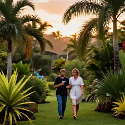 Caribbean Holidays, May Wine Tasting, A couple walking through a lush tropical garden after rain, with palm trees and warm evening light in Tobago