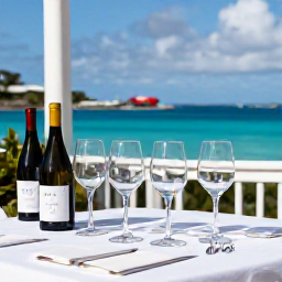 Caribbean Holidays, May Wine Tasting, A relaxed outdoor wine tasting on a sunny terrace overlooking the turquoise Caribbean Sea in Saint Barth&eacute;lemy, with elegant glasses and local island details
