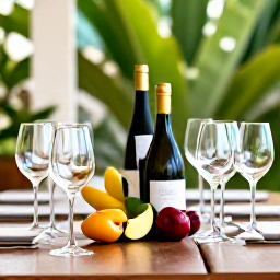 Caribbean Holidays, May Wine Tasting, A relaxed wine tasting table with Caribbean fruit, wine glasses and tropical greenery in Trinidad and Tobago
