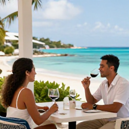 Caribbean Holidays, May Wine Tasting, Couple enjoying a guided wine tasting at a stylish beachside resort in Saint Thomas during May