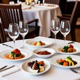 Caribbean Holidays, May Wine Tasting, Elegant wine glasses, French Caribbean dishes and small plates arranged on a restaurant table in Gustavia, Saint Barth&eacute;lemy