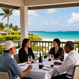 Caribbean Holidays, May Wine Tasting, Visitors enjoying an elegant outdoor wine tasting at a hotel terrace overlooking the Caribbean in May