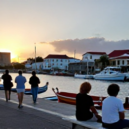 Caribbean Holidays, May Wine Tasting, Visitors strolling through Gustavia harbour at sunset after a wine tasting, with colourful boats, stone buildings and Caribbean light