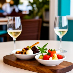 Caribbean Holidays, May Wine Tasting, Wine glasses and Caribbean-inspired small plates at an outdoor restaurant in Charlotte Amalie, Saint Thomas