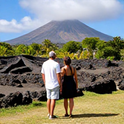 Caribbean Holidays, Montserrat Adults Only, Couple exploring the former capital of Plymouth in Montserrat with volcanic ruins, tropical vegetation and Soufri&egrave;re Hills volcano behind