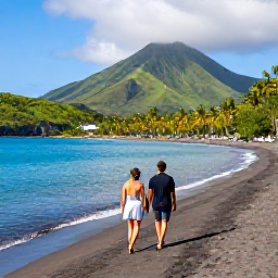 Caribbean Holidays, Montserrat Adults Only, Couple walking hand in hand along a quiet black-sand beach in Montserrat with turquoise water, palms and green volcanic slopes