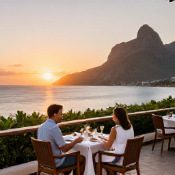 Caribbean Holidays, Montserrat Adults Only, Elegant Caribbean restaurant terrace in Montserrat at sunset, with a couple dining outdoors and views across the sea