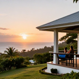 Caribbean Holidays, Montserrat Adults Only, Peaceful adults-only holiday scene in Montserrat with a couple relaxing on a veranda, tropical greenery and a calm Caribbean sunset