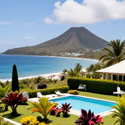 Caribbean Holidays, Montserrat Adults Only, Quiet adults-only resort overlooking the Caribbean Sea on Montserrat, with tropical gardens, a swimming pool and volcanic hills in the distance