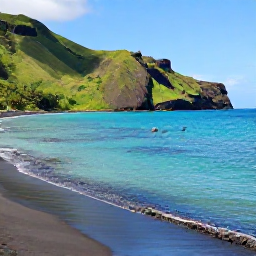 Caribbean Holidays, Montserrat Adventure, A calm Montserrat beach in October with clear turquoise water, dark volcanic sand, snorkellers and green hills behind