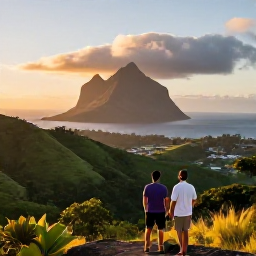 Caribbean Holidays, Montserrat Adventure, A couple watching sunset over Montserrat&rsquo;s green hills and Caribbean Sea from a scenic viewpoint