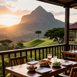 Caribbean Holidays, Montserrat Adventure, A friendly outdoor restaurant in Montserrat at sunset, with local Caribbean food, wooden tables and views over green hills