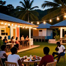 Caribbean Holidays, Montserrat Adventure, A relaxed evening scene in a Montserrat village, with travellers enjoying local food and music beneath warm tropical lights