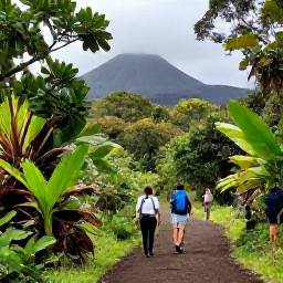 Caribbean Holidays, Montserrat Adventure, A scenic hiking trail through Montserrat rainforest leading towards volcanic hills, with hikers enjoying the tropical landscape