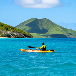 Caribbean Holidays, Montserrat Adventure, A sea kayaker paddling along the clear coastline of Montserrat with green hills in the background