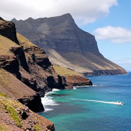 Caribbean Holidays, Montserrat Adventure, A small boat cruising along Montserrat&rsquo;s rugged coastline, showing sea cliffs, hidden coves and clear turquoise Caribbean water