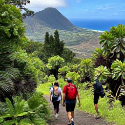 Caribbean Holidays, Montserrat Adventure, Hikers walking on a lush Montserrat rainforest trail in October, with tropical vegetation, volcanic peaks and views towards the sea