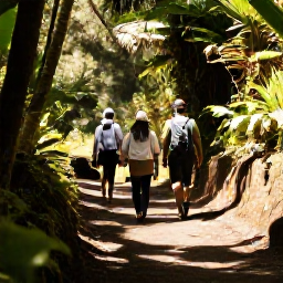 Caribbean Holidays, Montserrat Adventure, Hikers walking through lush volcanic rainforest on Montserrat in warm January sunshine
