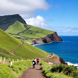 Caribbean Holidays, Montserrat Adventure Holidays, A bright April morning on Montserrat's rugged volcanic coastline, with green hills, blue Caribbean water and a small hiking group on a coastal trail