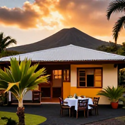 Caribbean Holidays, Montserrat Adventure Holidays, A comfortable Caribbean guesthouse setting in Montserrat at sunset, with outdoor dining, tropical plants and volcanic hills in the background