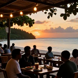 Caribbean Holidays, Montserrat Adventure Holidays, A friendly evening scene at a Montserrat beach bar, with visitors enjoying local food, music and sunset views after an active day