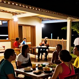 Caribbean Holidays, Montserrat Adventure Holidays, A friendly evening scene at a Montserrat village restaurant, with local food, live music and visitors chatting outdoors