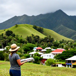 Caribbean Holidays, Montserrat Adventure Holidays, A friendly local Montserrat guide showing visitors a historic village site, with tropical hills and volcanic scenery behind them