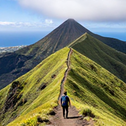 Caribbean Holidays, Montserrat Adventure Holidays, A hiker following a green mountain trail on Montserrat with volcanic peaks and the Caribbean Sea in the distance