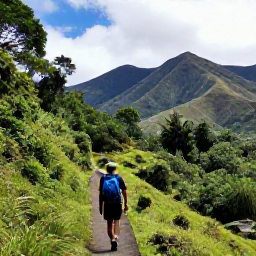 Caribbean Holidays, Montserrat Adventure Holidays, A hiker following a green mountain trail through Montserrat in May, with tropical forest, volcanic slopes and bright Caribbean light