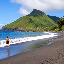 Caribbean Holidays, Montserrat Adventure Holidays, A quiet black-sand beach on Montserrat with a snorkeller near the shore and green hills behind