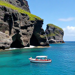 Caribbean Holidays, Montserrat Adventure Holidays, A small boat cruising beside Montserrat&rsquo;s rugged coastline, with sea cliffs, hidden coves and snorkellers in clear turquoise water