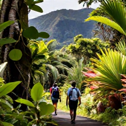 Caribbean Holidays, Montserrat Adventure Holidays, Hikers walking through lush forest on Montserrat's Centre Hills, with tropical plants, volcanic slopes and filtered sunlight