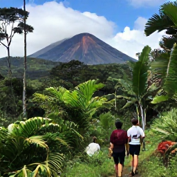 Caribbean Holidays, Montserrat Adventure Holidays, Hikers walking through lush Montserrat rainforest towards volcanic peaks, with tropical foliage and a distant view of Soufriere Hills